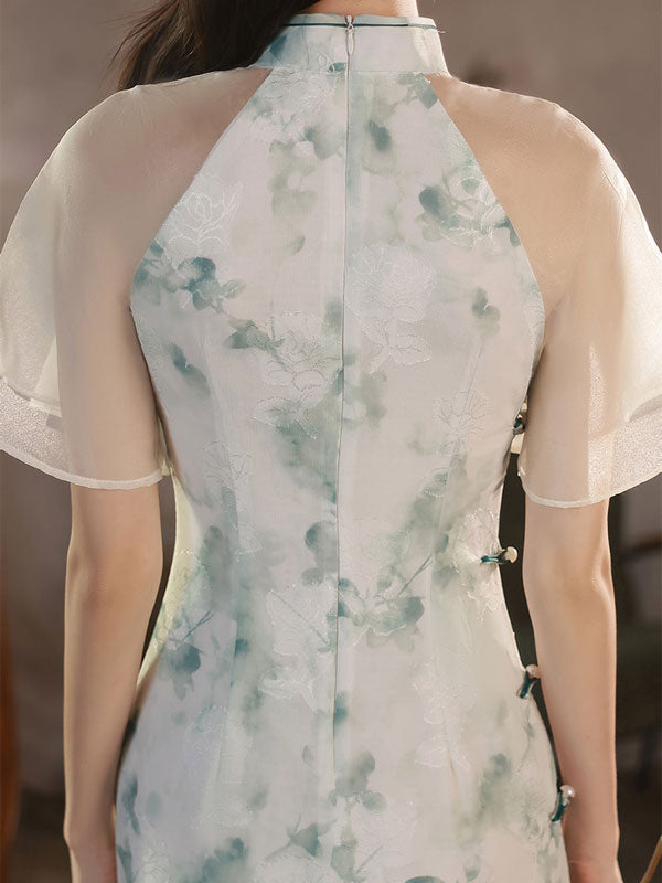 Summer Jacquard Floral Flutter Sleeve Qipao Cheongsam Dress