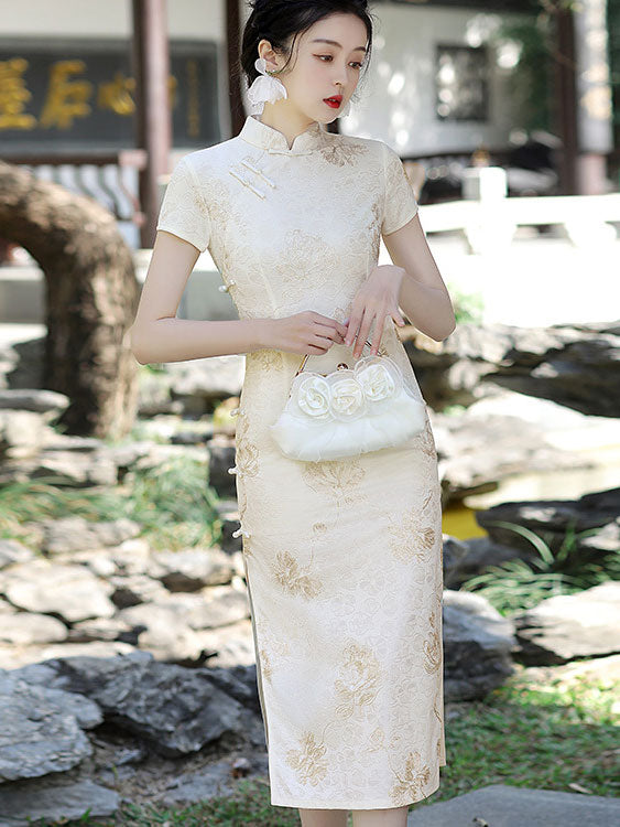 Ivory Jacquard Mid Qipao Cheongsam Dress - IMALLURE M Ivory Jacquard Mid Qipao Cheongsam Dress - IMALLURE M