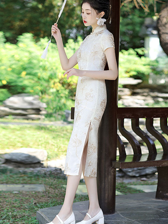 Ivory Jacquard Mid Qipao Cheongsam Dress
