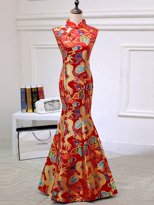 Red Yellow Dragon Fishtail Cheongsam Qipao Prom Dress