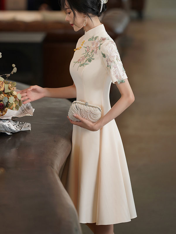 Ivory Appliques Mid Fit & Flare Cheongsam Qipao Dress