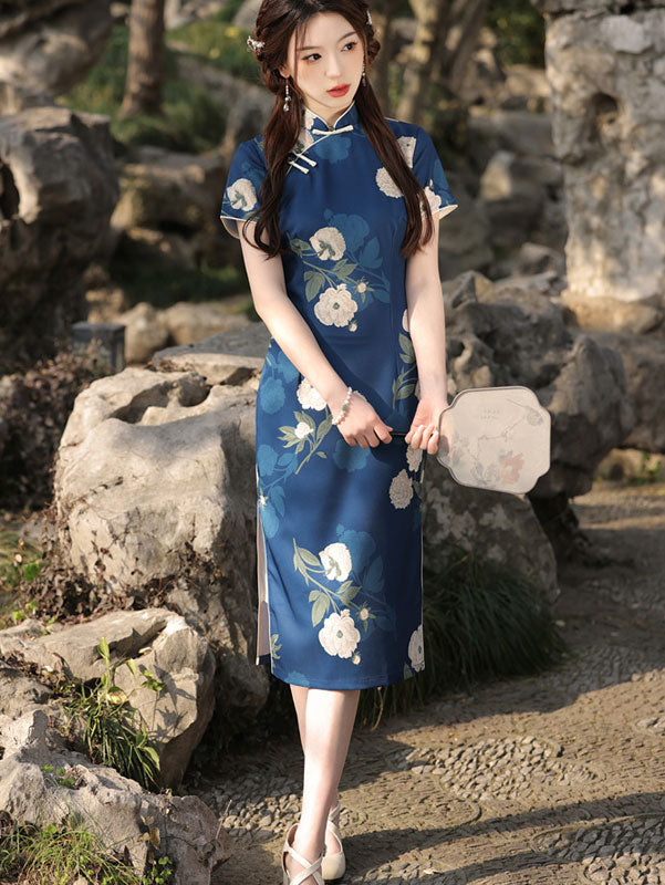 2023 Summer Blue Floral Mid Tea Qipao Cheongsam Dress - IMALLURE M 2023 Summer Blue Floral Mid Tea Qipao Cheongsam Dress - IMALLURE M