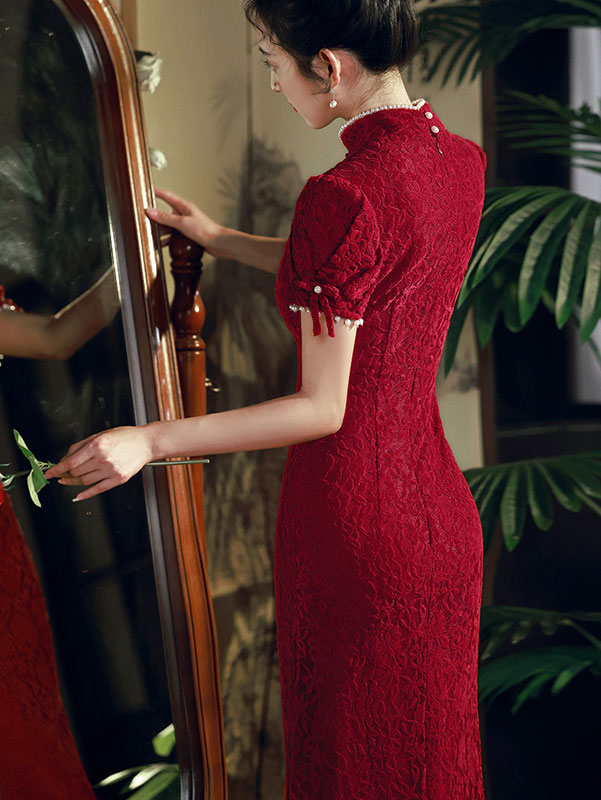 Beaded White Red Lace Mid Wedding Cheongsam Qipao Dress