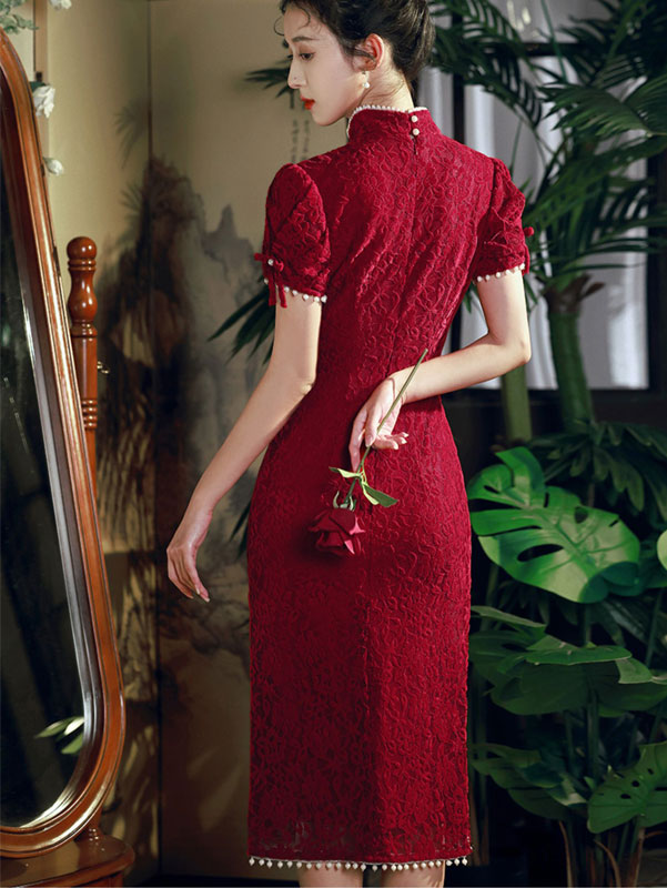 Beaded White Red Lace Mid Wedding Cheongsam Qipao Dress