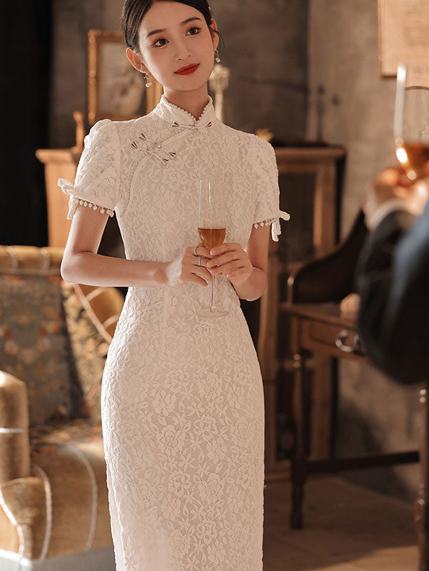 Beaded White Red Lace Mid Wedding Cheongsam Qipao Dress