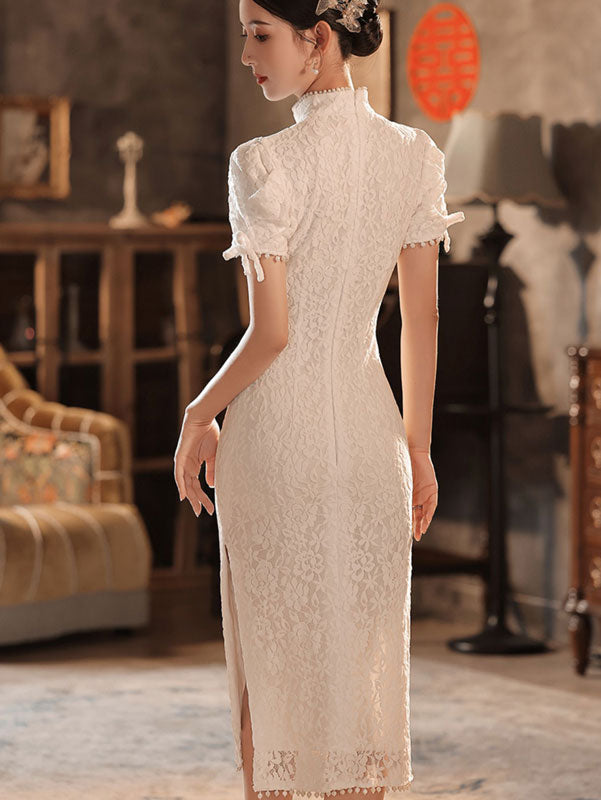 Beaded White Red Lace Mid Wedding Cheongsam Qipao Dress