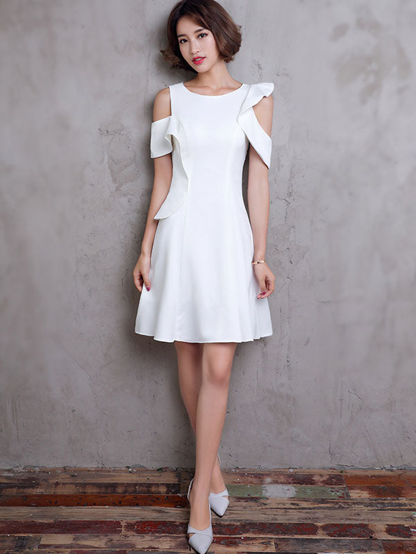 White A-Line Cold Shoulder Short Party Dress - IMALLURE L White A-Line Cold Shoulder Short Party Dress - IMALLURE L