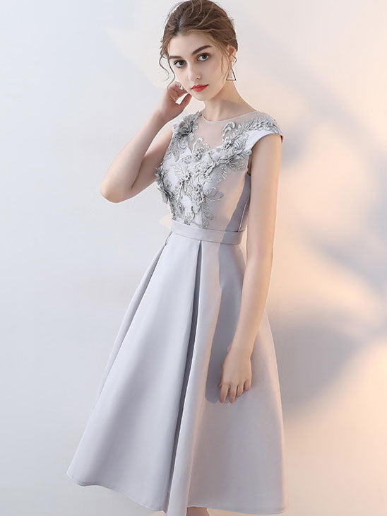 Gray Blue Fit & Flare  Party Dress with Applique Embroidery