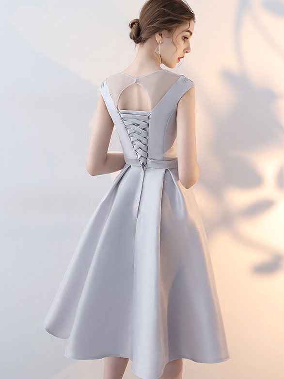 Gray Blue Fit & Flare  Party Dress with Applique Embroidery