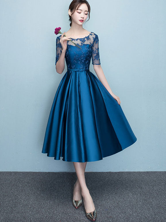 Royal Blue Fit Flare Tea-Length Illusion Party Dress