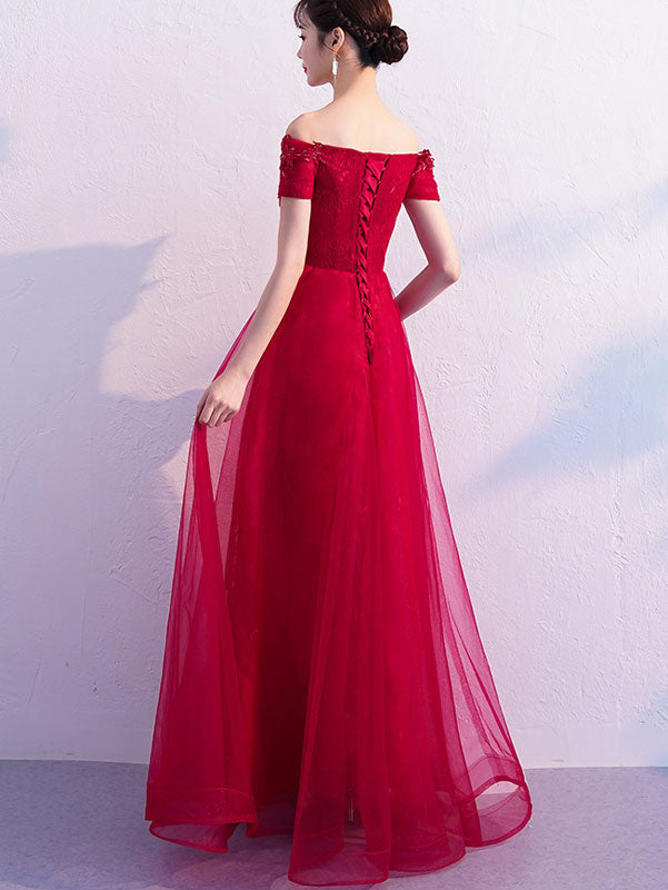 Wine Red Off Shoulder Full-Length Tulle Wedding Dress