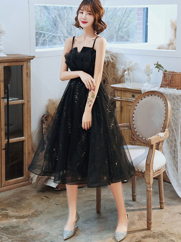 Shimmer Black Appliques Tulle Slip Midi Party Dress