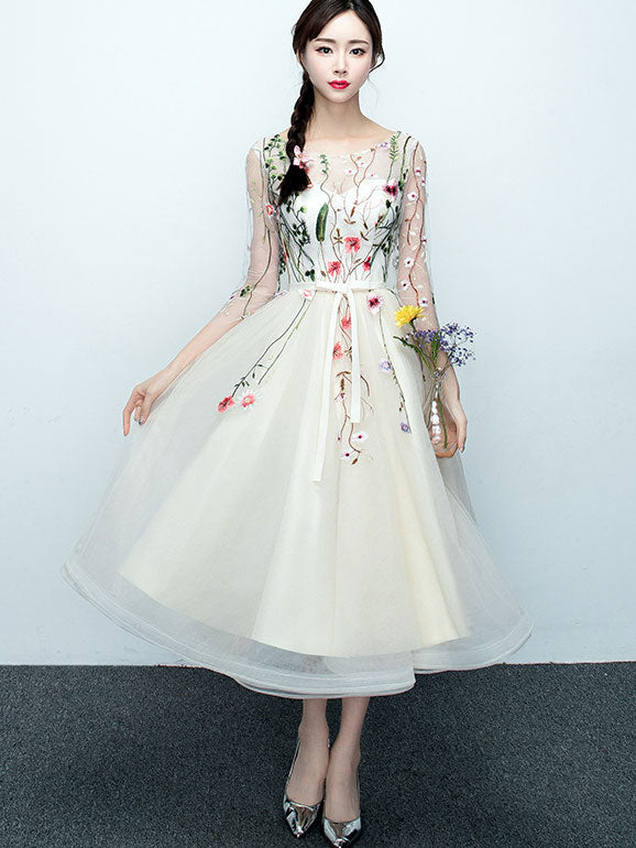 Beige Gray A-Line Illusion Embroidered Tulle Bridesmaids Dress S / Beige / Tea Length Beige Gray A-Line Illusion Embroidered Tulle Bridesmaids Dress S / Beige / Tea Length