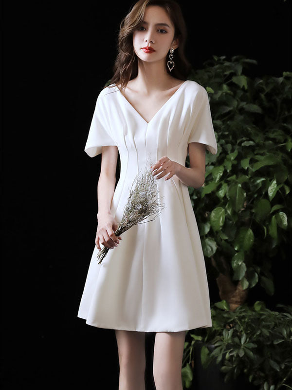 White Black V-Neck Fit & Flare Dress with Bell Sleeve - IMALLURE S / White White Black V-Neck Fit & Flare Dress with Bell Sleeve - IMALLURE S / White