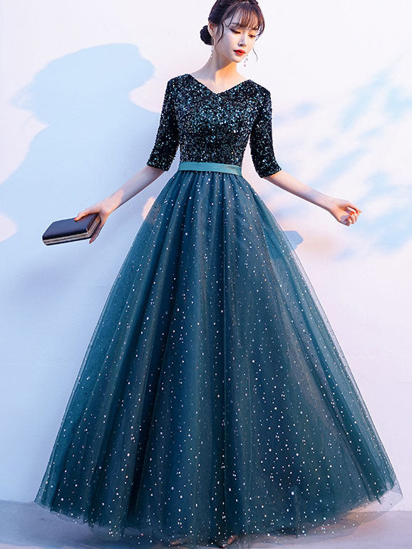 Shimmer Fit & Flare Tulle V-neck Prom Dress