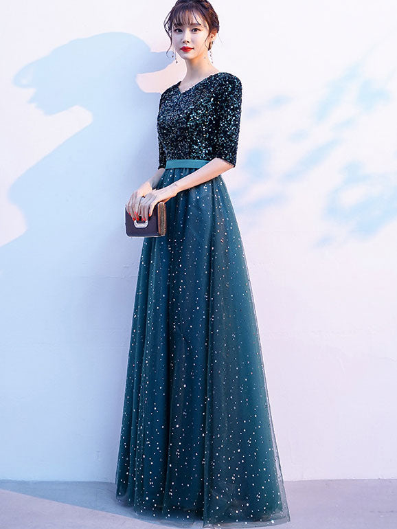 Shimmer Fit & Flare Tulle V-neck Prom Dress