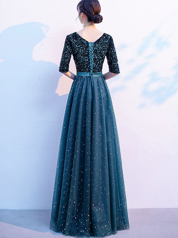 Shimmer Fit & Flare Tulle V-neck Prom Dress