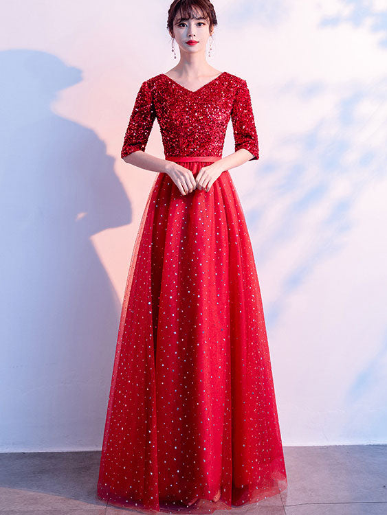 Shimmer Fit & Flare Tulle V-neck Prom Dress