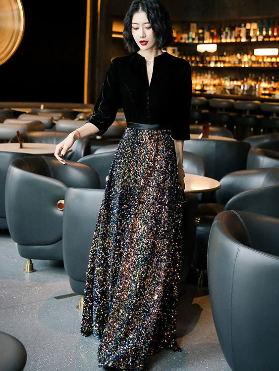 Sequined Fishtail Fit & Flare High Neck Winter Prom Dress