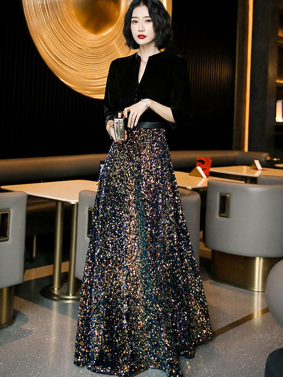 Sequined Fishtail Fit & Flare High Neck Winter Prom Dress