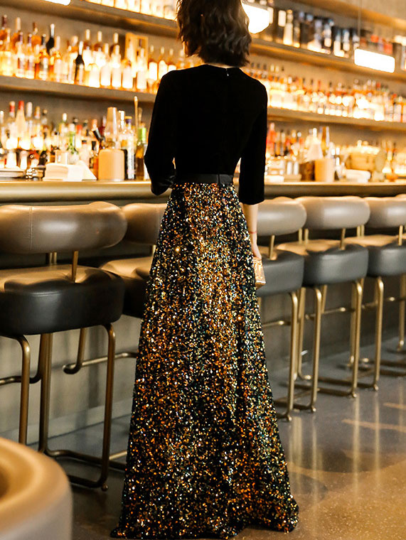 Sequined Fishtail Fit & Flare High Neck Winter Prom Dress