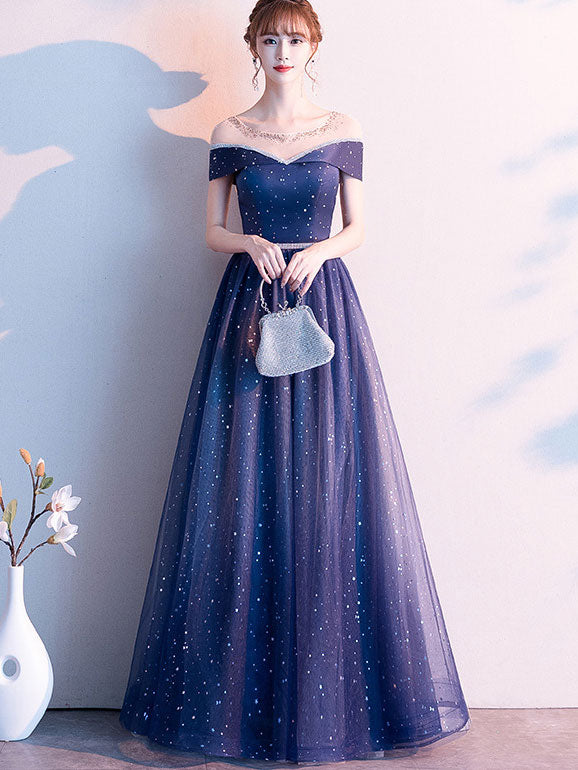 Blue Starry Tulle Prom Dress With Illusion Shoulder - IMALLURE XXL Blue Starry Tulle Prom Dress With Illusion Shoulder - IMALLURE XXL
