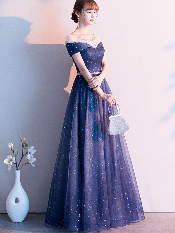 Blue Starry Tulle Prom Dress With Illusion Shoulder