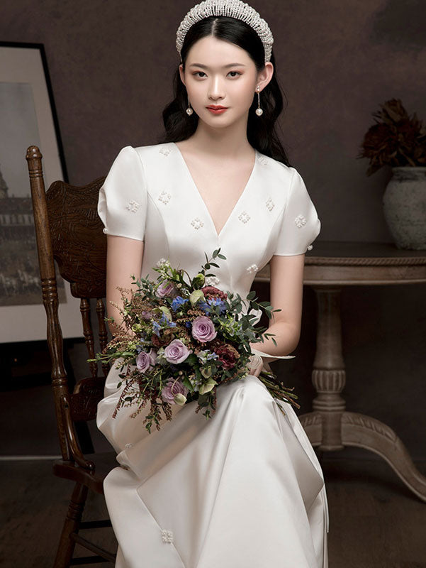 White Red Pearl Embellished Belt Engagement Dress