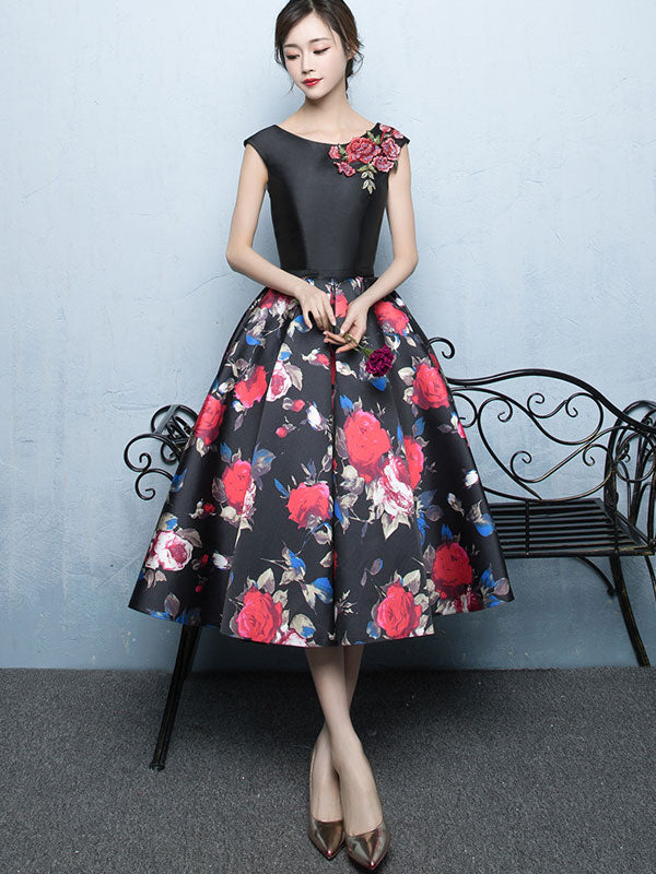 open lace back dress Blossom Print Mid Tea Fit & Flare Prom Dress