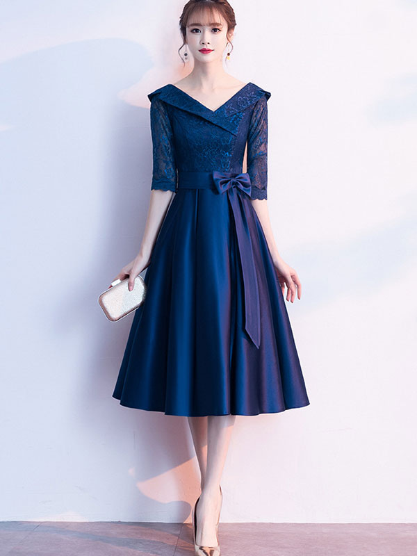 Navy Blue Fit & Flare Midi V-Neck Party Dress