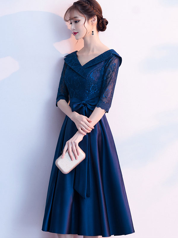 Navy Blue Fit & Flare Midi V-neck Party Dress