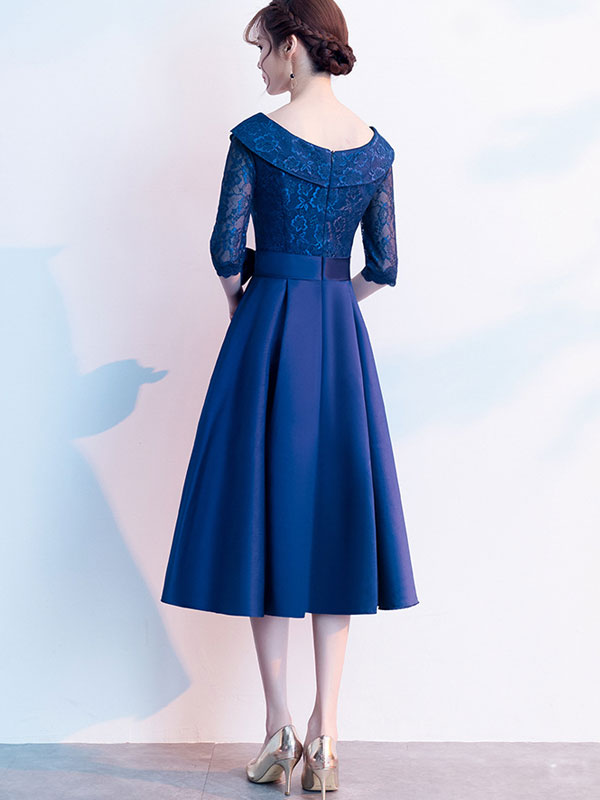 Navy Blue Fit & Flare Midi V-neck Party Dress