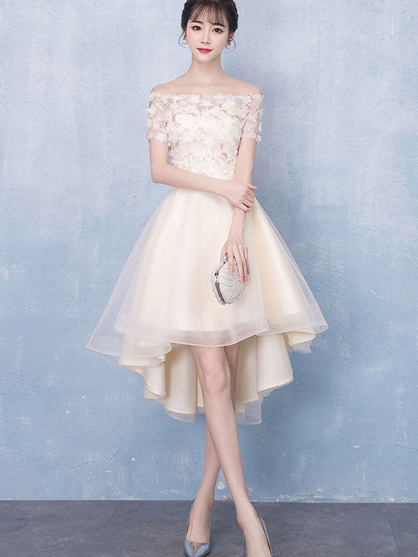Beige Appliques High Low Off Shoulder Party Dress - IMALLURE M Beige Appliques High Low Off Shoulder Party Dress - IMALLURE M