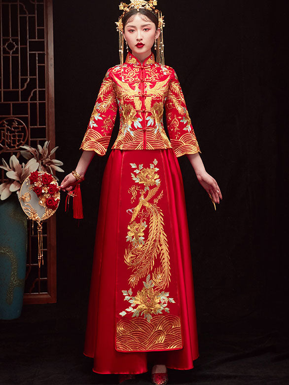 Red Wedding Bridal Qun Gua with Dragon & Phoenix Embroidery