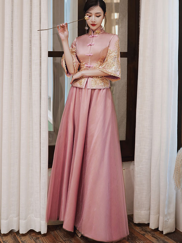 Pink Embroidered Floral Bridesmaids Wedding Qun Kwa - IMALLURE XL / Pink Pink Embroidered Floral Bridesmaids Wedding Qun Kwa - IMALLURE XL / Pink