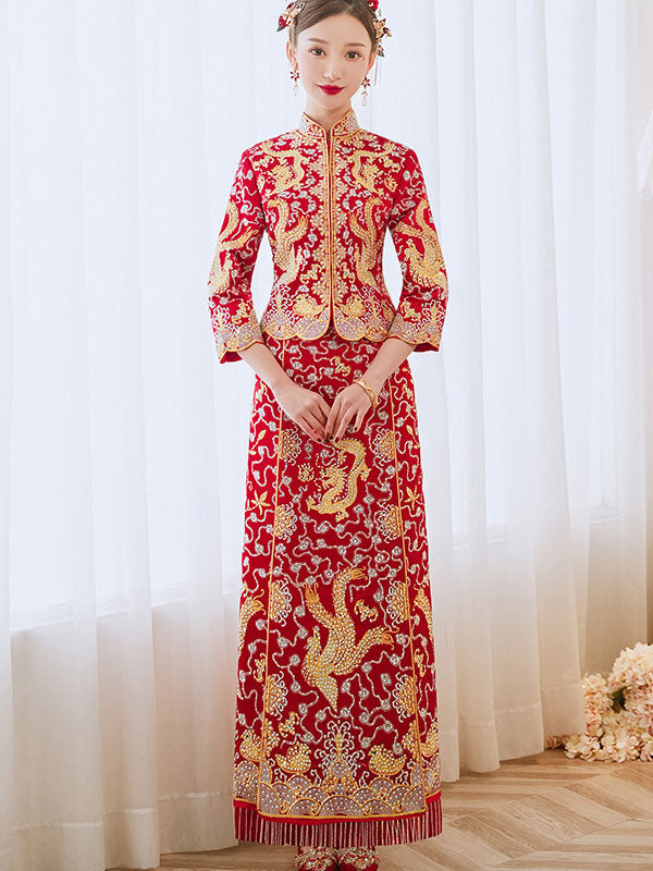 Embroidered Dragon Phoenix Traditional Chinese Wedding Qun Kwa XXL / Without Beads Embroidered Dragon Phoenix Traditional Chinese Wedding Qun Kwa XXL / Without Beads