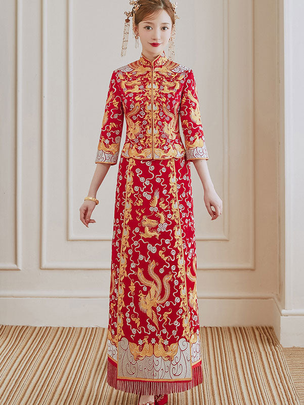 beaded dragon dress Beaded Embroidered Dragon Phoenix Wedding Bride Qun Kwa