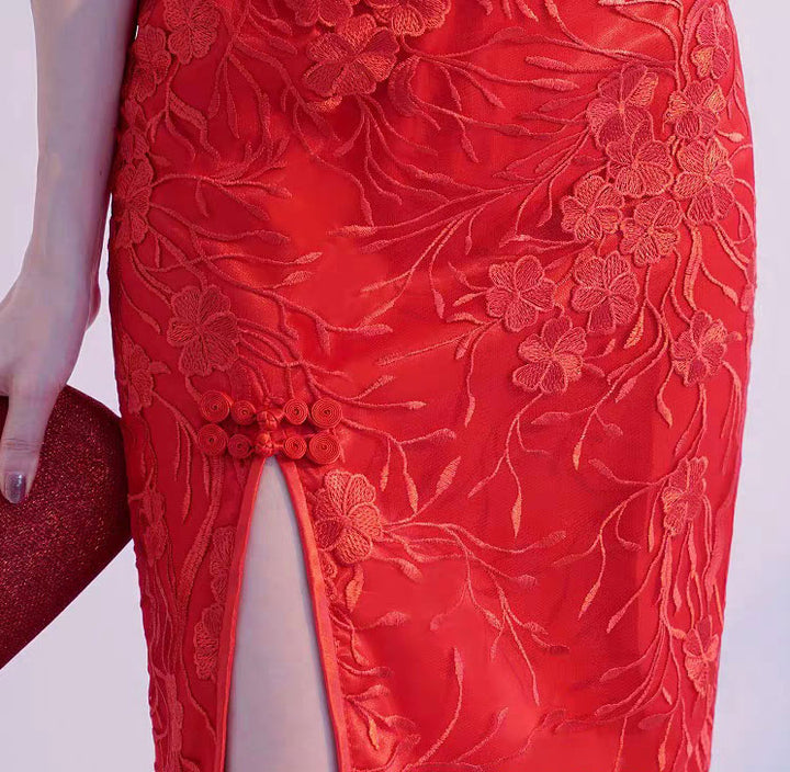 Red Lace Thigh Split Wedding Bride Qipao Cheongsam Dress