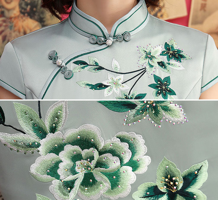 Green Pink Beaded Embroidered Cheongsam Qipao Dress