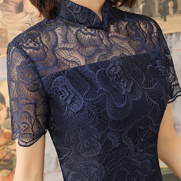 Blue Floral Lace Qipao Cheongsam Dress