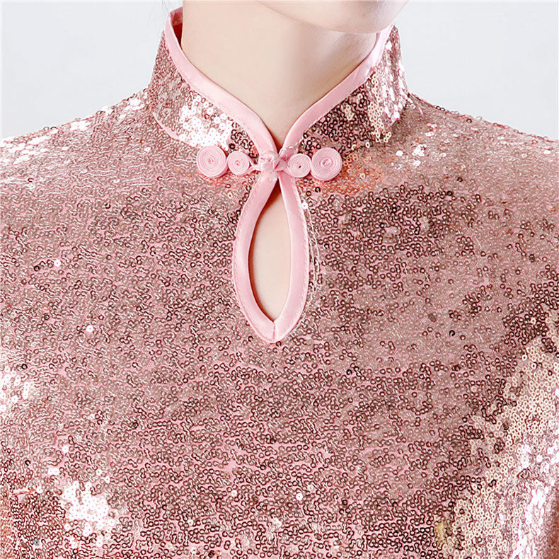 Pink Gold Sequins Long Qipao Cheongsam Evening Dress