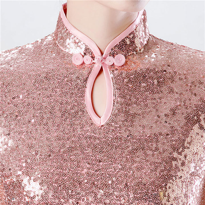 Pink Gold Sequins Long Qipao Cheongsam Evening Dress