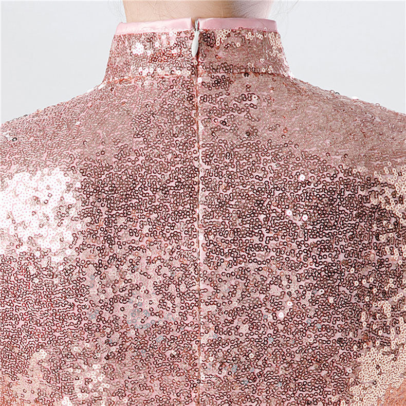 Pink Gold Sequins Long Qipao Cheongsam Evening Dress
