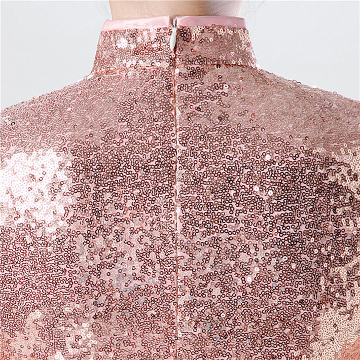Pink Gold Sequins Long Qipao Cheongsam Evening Dress
