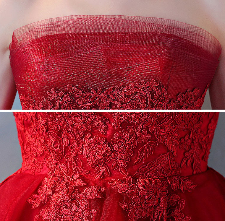 Black Burgundy Strapless High Low Tulle Party Prom Dress