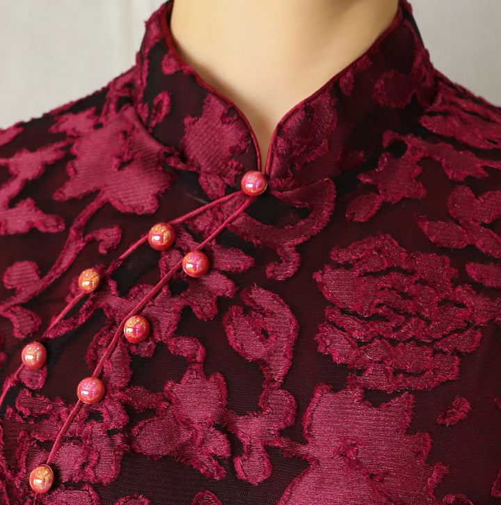 Blue Red Floral Velvet Full Cheongsam Qi Pao Dress