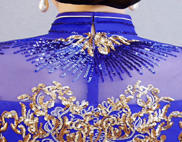 Purple Blue Sequin Maxi Qipao Cheongsam Evening Dress