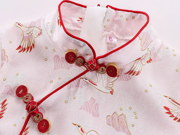 Pink Green Print Kids Girls Qipao Cheongsam Dress