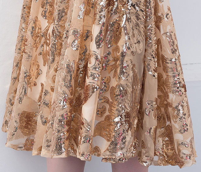 Gold Sequined Fit & Flare Midi Party Dress