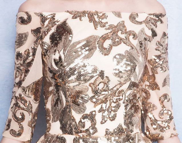 Gold Sequined Off Shoulder High Low Hem Dress